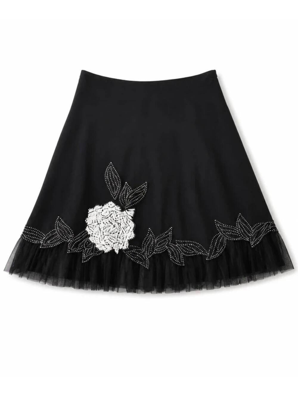 Vintage Basil & Maude Black Sequined Floral Midi Skirt Size 6 Y2K Mesh Hem